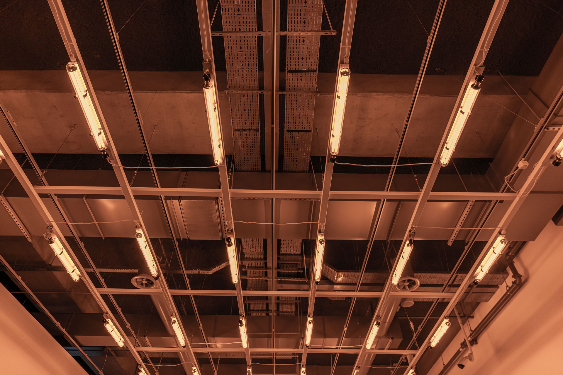 Lights and ventilation system in long line on ceiling of the dark office industrial building, exhibition Hall Ceiling construction