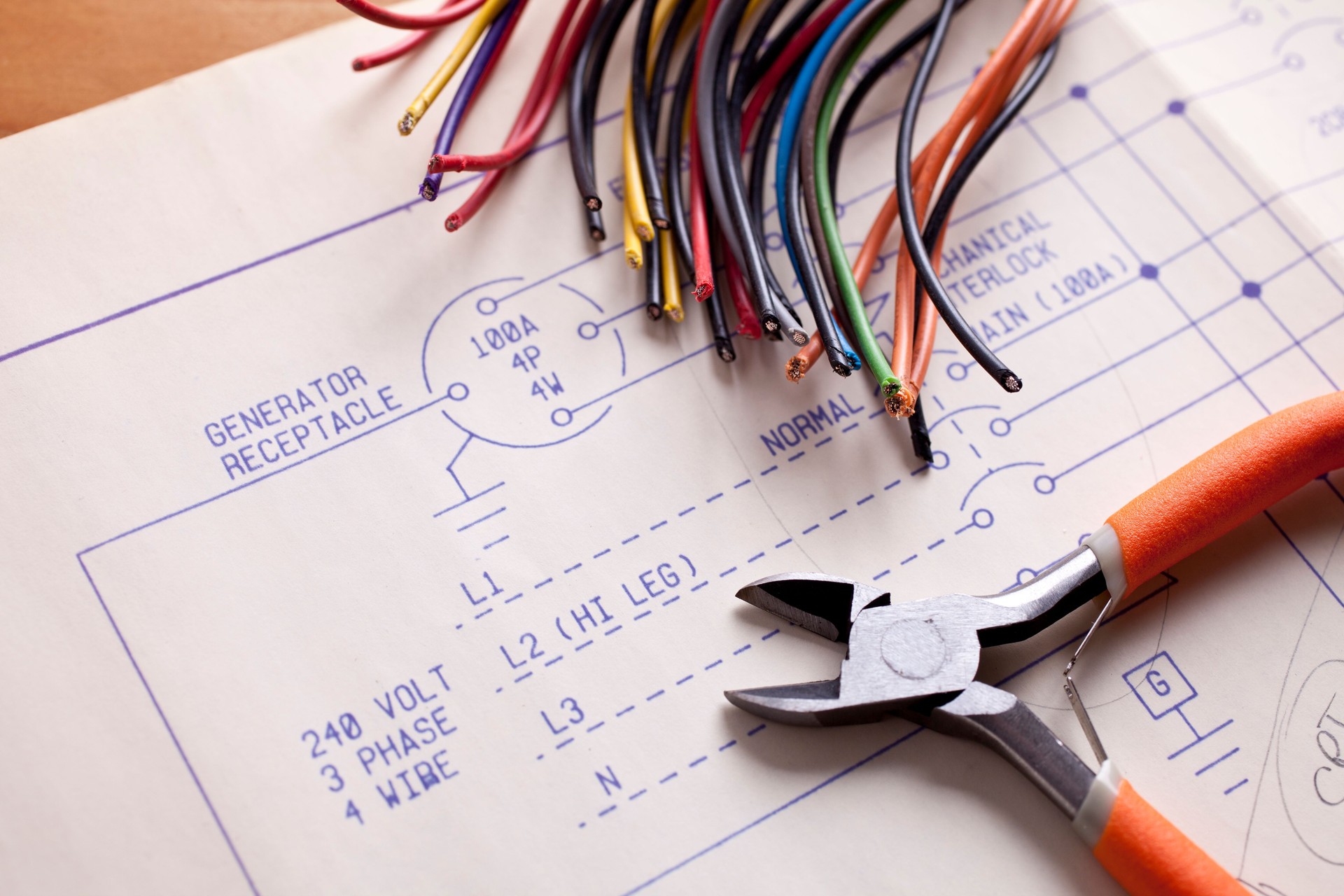 Electrical Wiring with wire cutters and blueprints